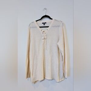 CHAPS Denim Cream Lace-Up Knit Sweater | Linen / Cotton | 2X